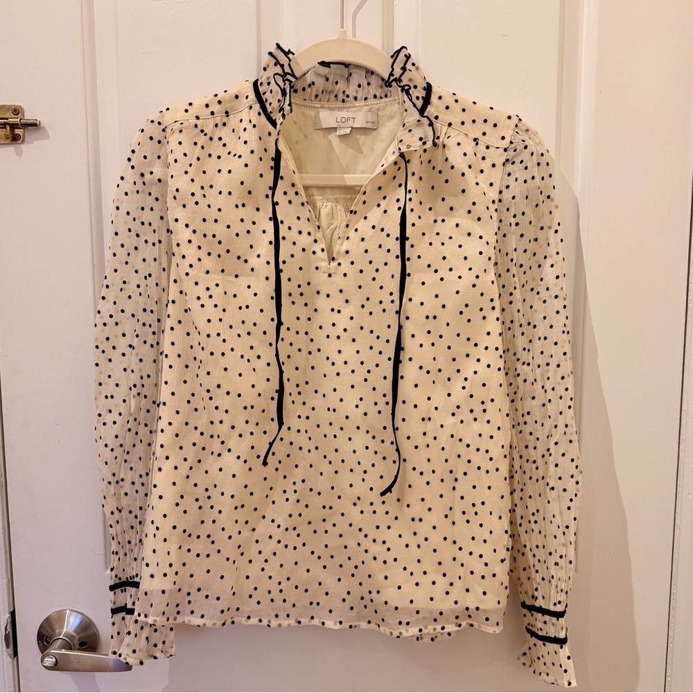 LOFT Cream Blouse with Black Polka Dots